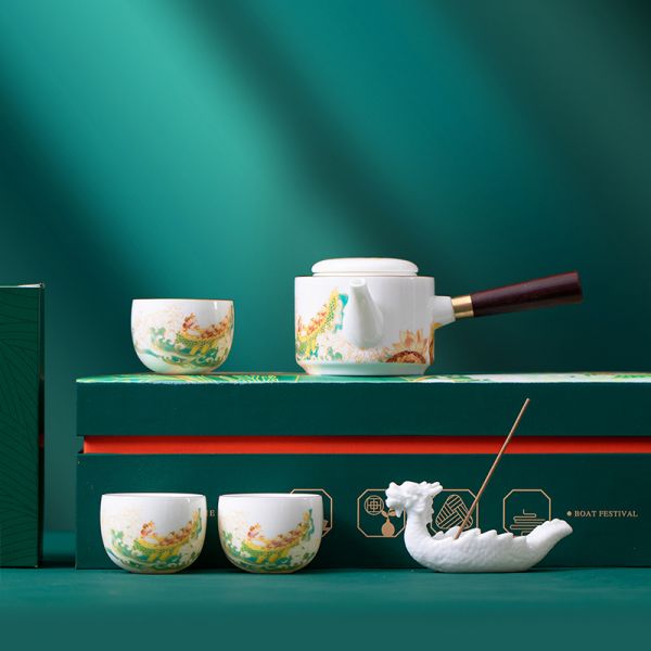 2023端午中式茶具套裝 茶壺+茶杯3個+龍舟香插+艾葉香+白茶10g+粽子2個 商務伴手禮1