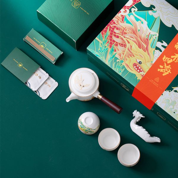 2023端午中式茶具套裝 茶壺+茶杯3個+龍舟香插+艾葉香+白茶10g+粽子2個 商務伴手禮3